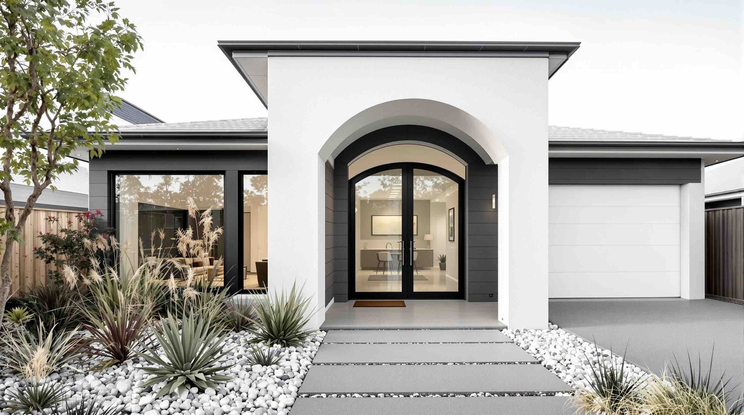 Custom arched doors Perth contemporary home exterior black aluminium frames double glazed