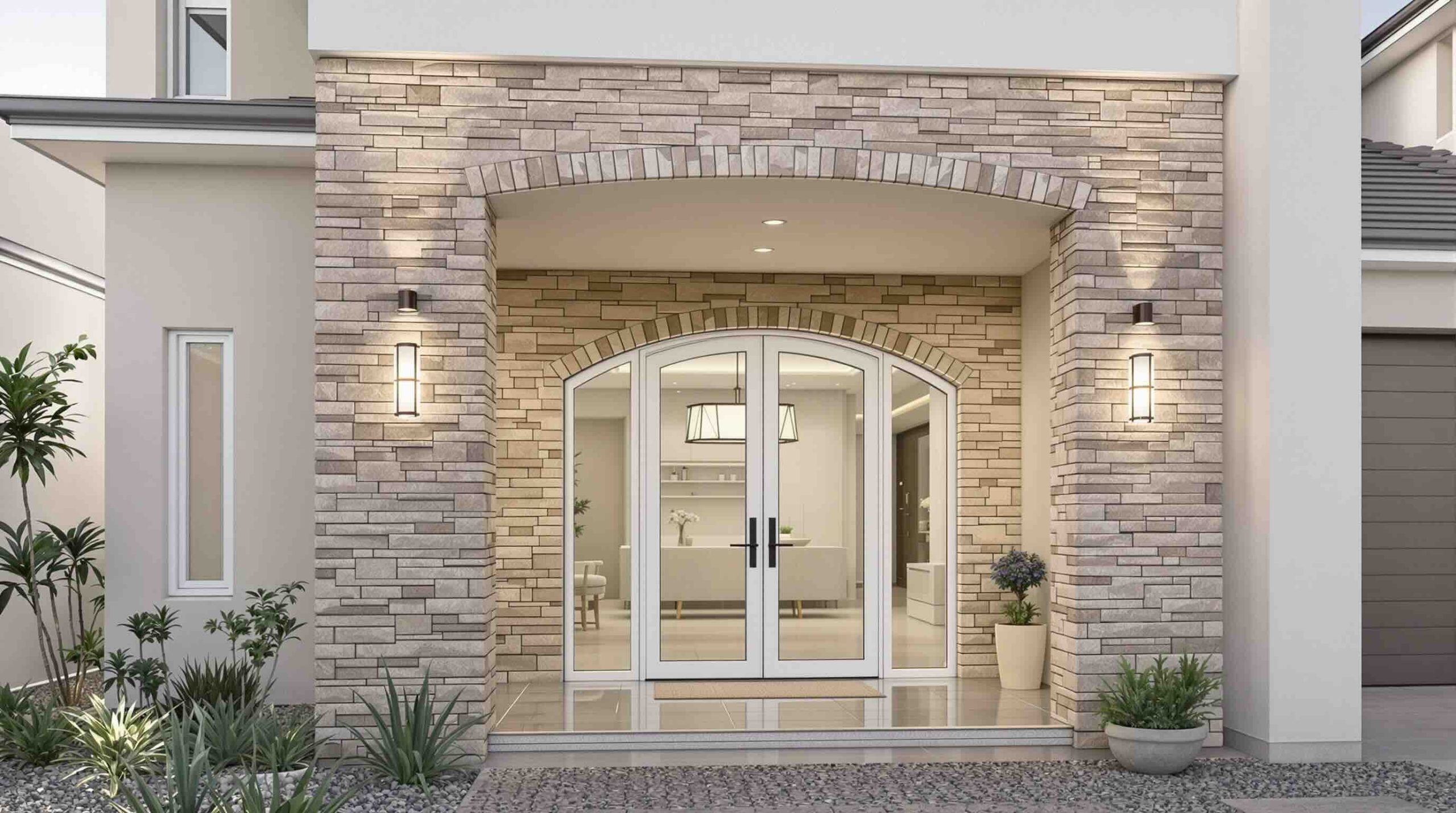 Custom arched doors Perth exterior entrance double glazed French doors stone feature wall