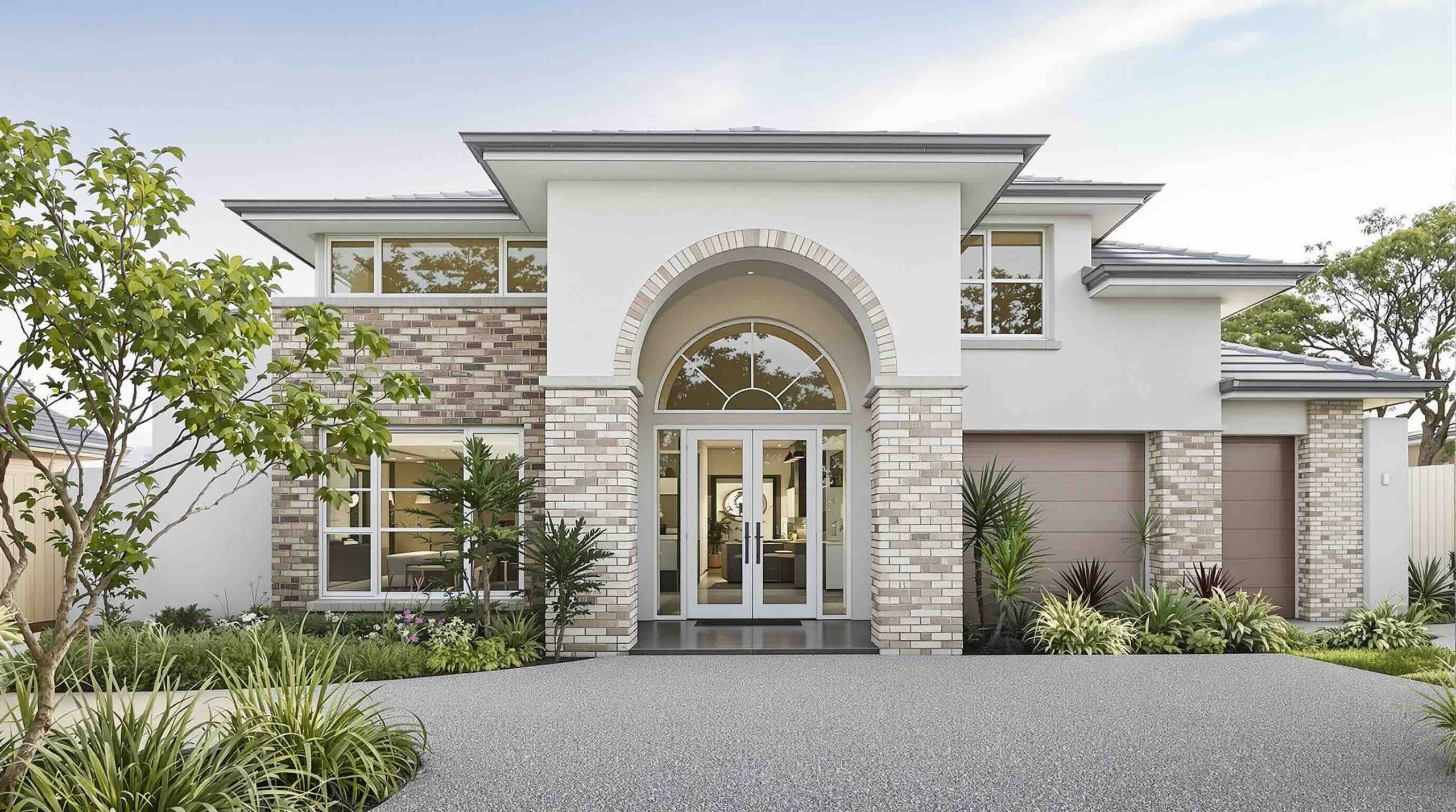 Custom arched doors Perth contemporary home exterior double entry white aluminium frames