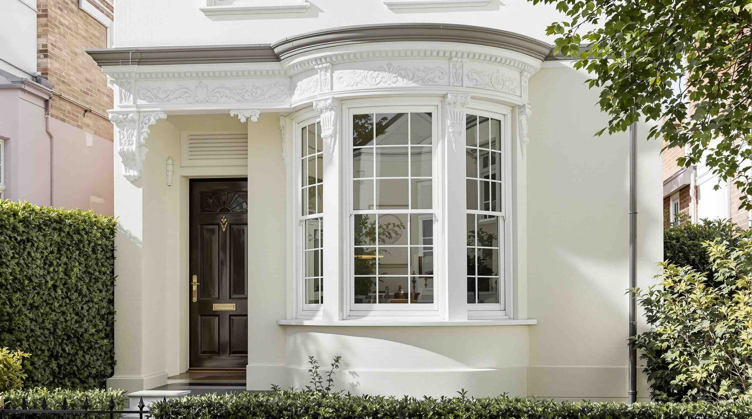 Custom curved windows Perth heritage building bay window exterior white frames