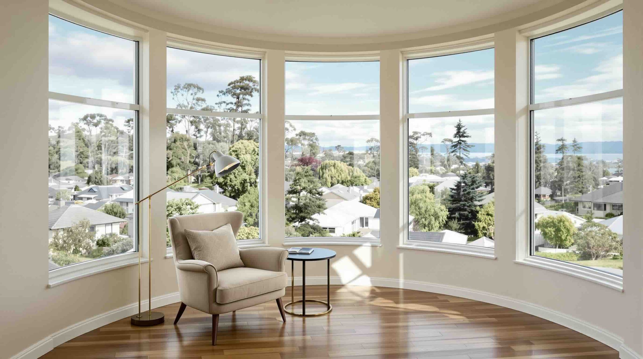 Custom curved windows Perth turret room interior white frames panoramic views