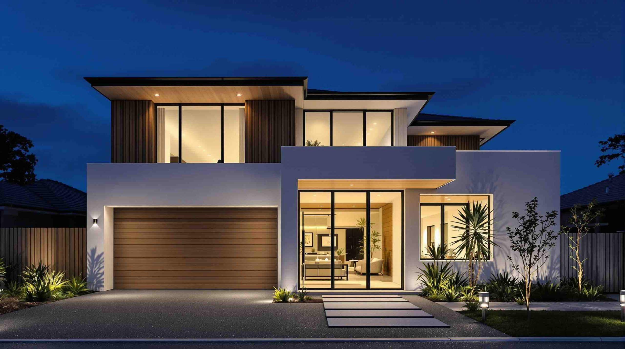 Double glazed pivot doors Perth contemporary home dusk lighting dramatic entrance